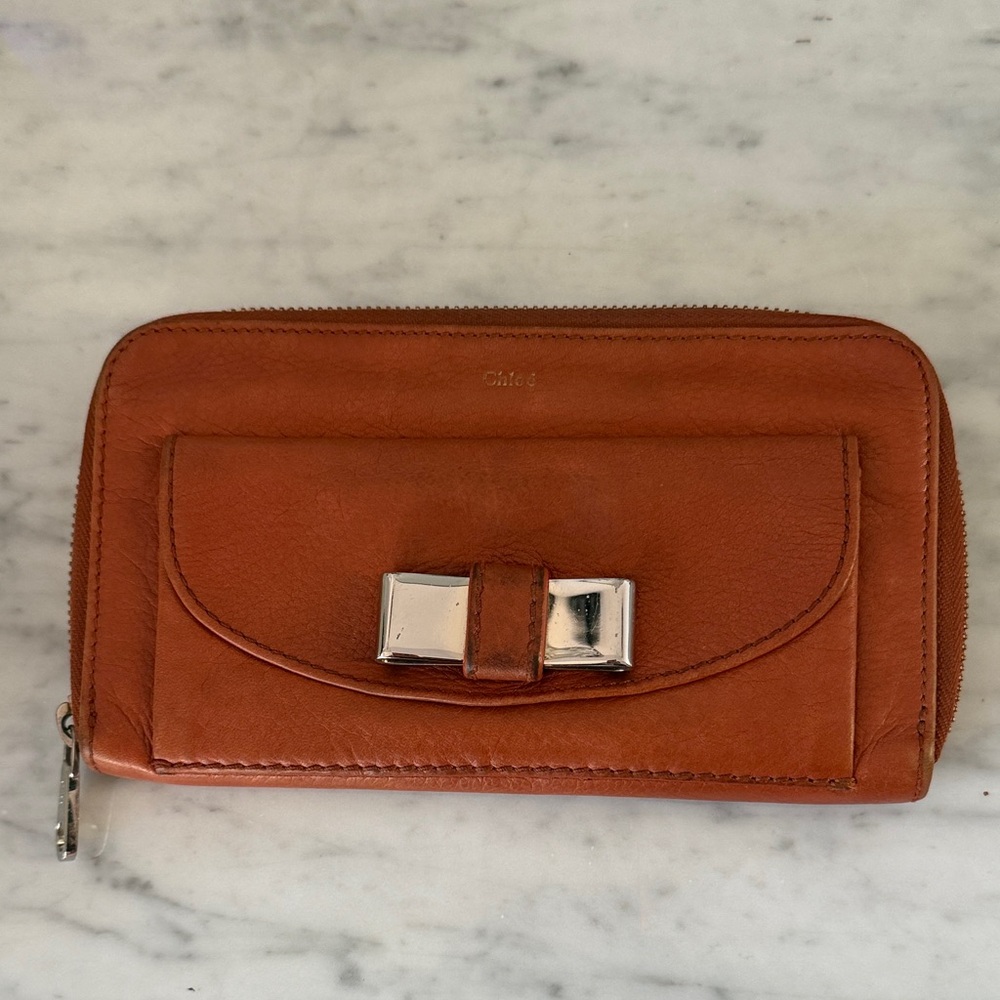 Chloe Cognac Leather Wallet with Silver Bow Accent